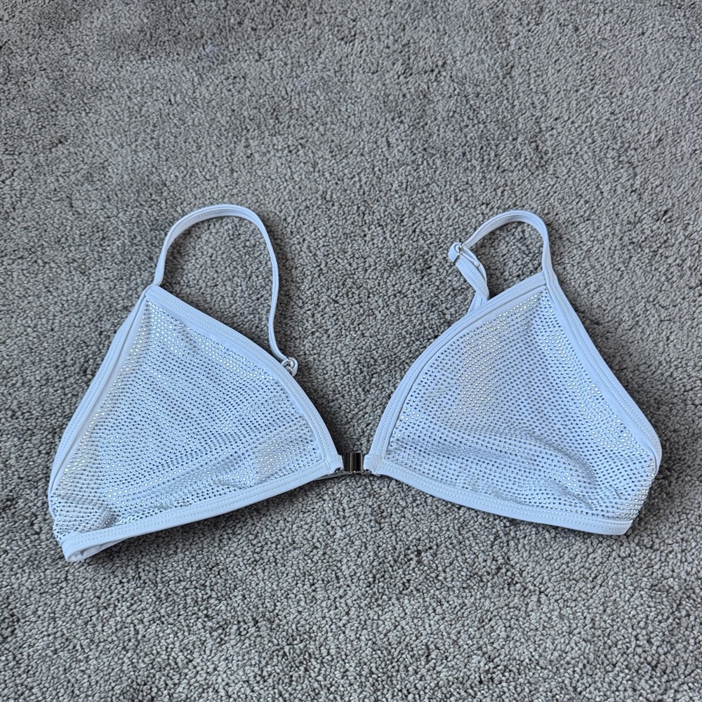 Hoah White Rhinestone Bikini Top Triangle Bralette Adjustable Straps SIZE XL